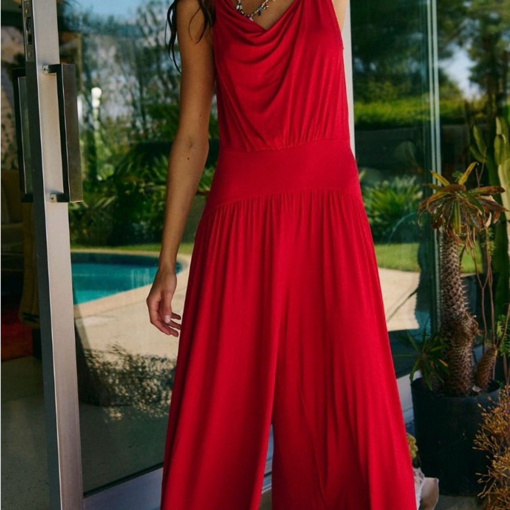 Free People Vibrant Red Wide Leg Jumpsuit